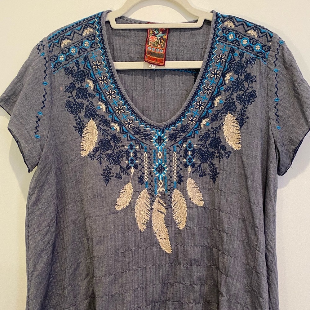 Blue feather design embroidered top